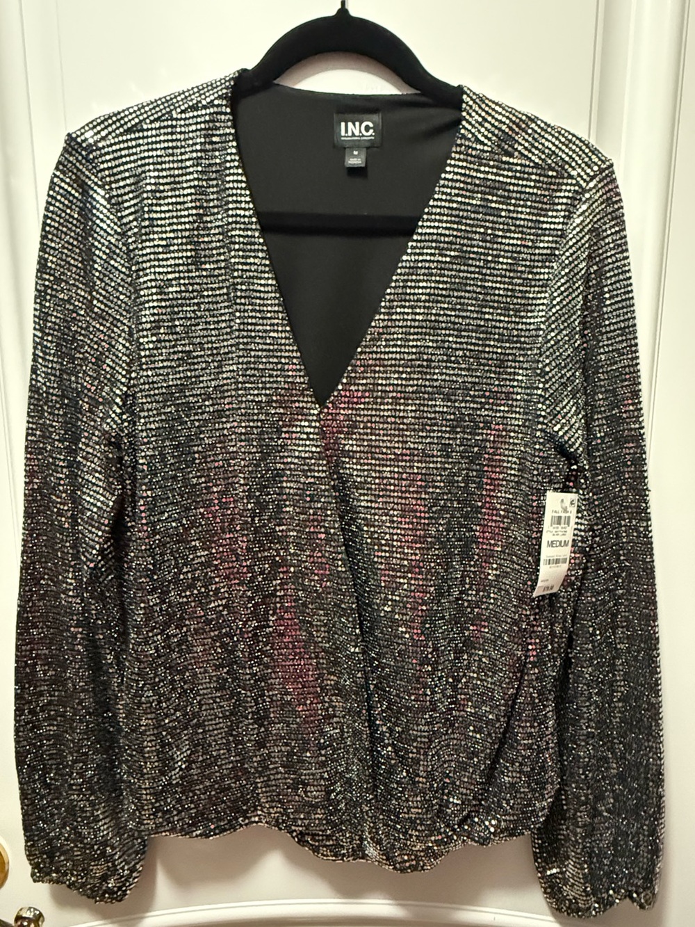 Brand New INC International Concepts Metallic Black V-Neck Women's Blouse